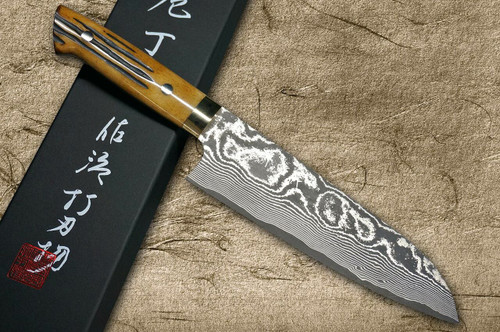 Takeshi Saji VG10 Black Damascus DHM Japanese Chefs Santoku Knife 180mm with Brown Antler Handle
