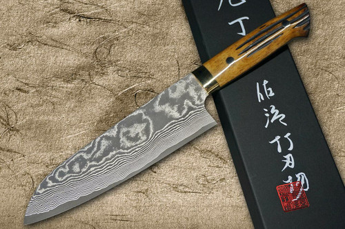 Takeshi Saji VG10 Black Damascus DHM Japanese Chefs Santoku Knife 180mm with Brown Antler Handle