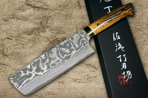 Takeshi Saji VG10 Black Damascus DHM Japanese Chefs NakiriVegetable 170mm with Brown Antler Handle