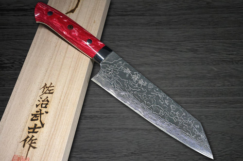 Takeshi Saji R2 Diamond Finish Damascus TCR Japanese Chefs Bunka Knife 180mm with Red Turquoise Handle