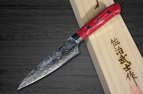 Takeshi Saji R2 Diamond Finish Damascus TCR Japanese Chefs Petty KnifeUtility 150mm with Red Turquoise Handle