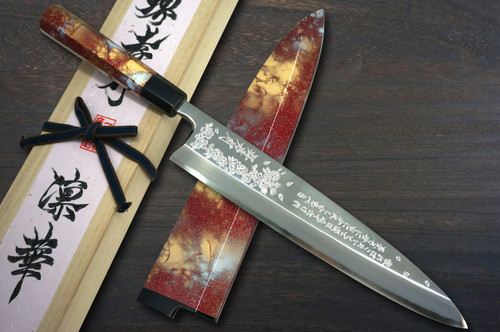 Sakai Takayuki RINKA Ginsan Silver Steel No.3 Japanese Chefs Mirrored Mioroshi Deba 270mm with Artistic Handle and Saya Sheath