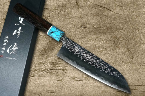 Yu Kurosaki SPG2 Clad FUJIN WA WGTCA Japanese Chefs Santoku Knife 170mm with Blue Turquoise and Wenge Handle