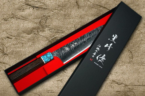 Yu Kurosaki SPG2 Clad FUJIN WA WGTCA Japanese Chefs Santoku Knife 170mm with Blue Turquoise and Wenge Handle