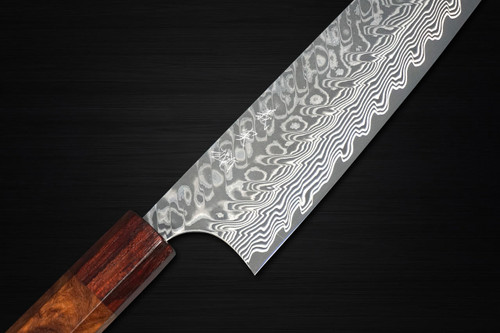 Yoshimi Kato R2 Black Damascus KR8R Japanese Chefs Santoku Knife 170mm with Red-Ring Karin Lump Handle