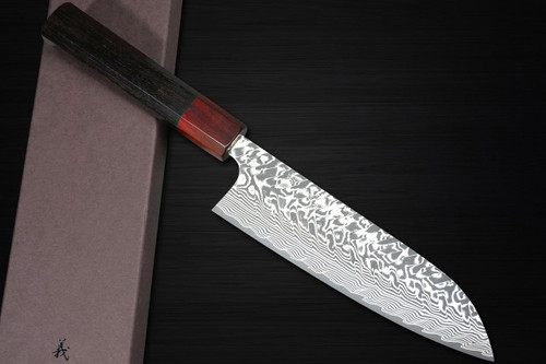Yoshimi Kato R2 Black Damascus EB8R Japanese Chefs Santoku Knife 170mm with Red-Ring Ebony Handle