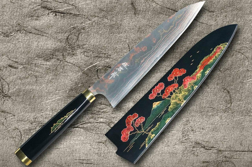 Takeshi Saji Makie-Art Aogami No.2 Colored Damascus Japanese Chefs Gyuto Knife 240mm with Urushi Lacquered Saya and Handle FUJI on LAKEPN