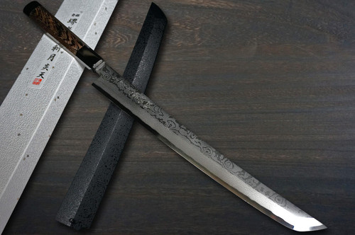 Sakai Takayuki ZANGETSU ENTEN Ginsan Damascus Japanese Chef's Sakimaru-Takohiki(Sashimi) 330mm with Double Water Buffalo Ring Wenge Handle and Saya Sheath 