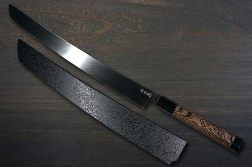 Sakai Takayuki ZANGETSU ENTEN Ginsan Damascus Japanese Chef's Sakimaru-Takohiki(Sashimi) 360mm with Double Water Buffalo Ring Wenge Handle and Saya Sheath 