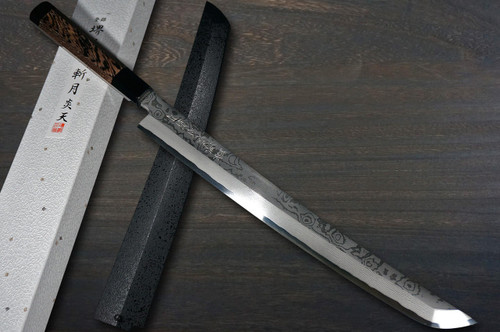 Sakai Takayuki ZANGETSU ENTEN Ginsan Damascus Japanese Chef's Sakimaru-Takohiki(Sashimi) 360mm with Double Water Buffalo Ring Wenge Handle and Saya Sheath 