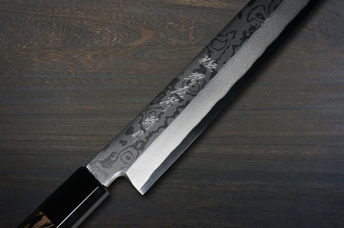 Sakai Takayuki ZANGETSU ENTEN Ginsan Damascus Japanese Chef's Sakimaru-Takohiki(Sashimi) 360mm with Double Water Buffalo Ring Wenge Handle and Saya Sheath 