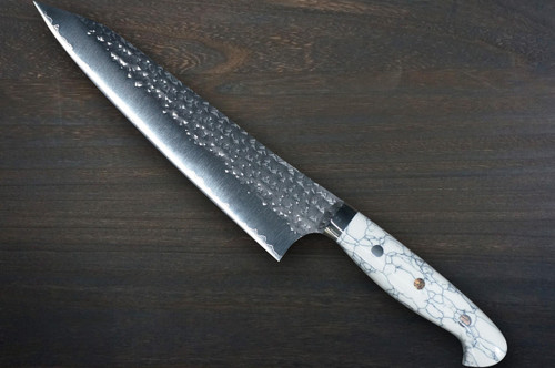 Yu Kurosaki R2SG2 Hammered SENKO-EI Custom TCW Japanese Chefs Gyuto Knife 210mm with White Turquoise Handle