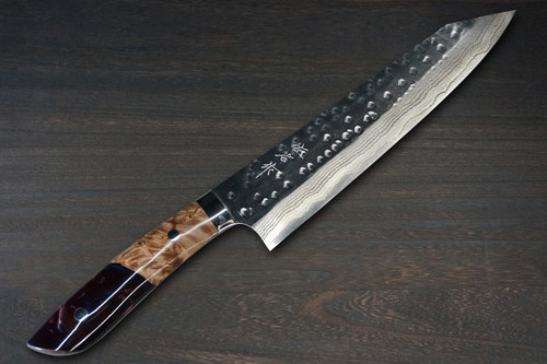 Takeshi Saji SRS13 Mirror Hammered Damascus STW Japanese Chefs Gyuto Knife 240mm Galaxy-Purple Stabilized Hybrid Resin Handle