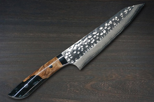 Takeshi Saji SRS13 Mirror Hammered Damascus STW Japanese Chefs Gyuto Knife 210mm Bottle-Green Stabilized Hybrid Resin Handle
