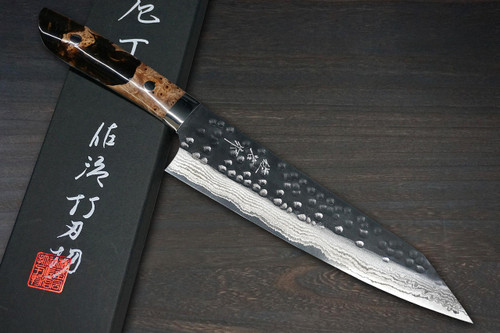 Takeshi Saji SRS13 Mirror Hammered Damascus STW Japanese Chefs Gyuto Knife 210mm Amber Stabilized Hybrid Resin Handle