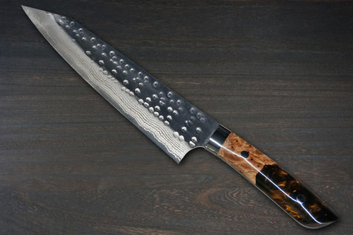 Takeshi Saji SRS13 Mirror Hammered Damascus STW Japanese Chefs Gyuto Knife 210mm Amber Stabilized Hybrid Resin Handle