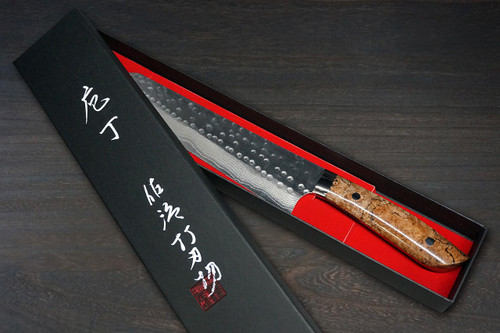 Takeshi Saji SRS13 Mirror Hammered Damascus STW Japanese Chefs Gyuto Knife 240mm Hybrid-Wood Stabilized Handle