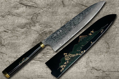 Takeshi Saji Makie-Art R2SG2 Mirrored Damascus Japanese Chefs Gyuto Knife 210mm with Urushi Lacquered Saya and Handle FUJI on LAKEPN-BT