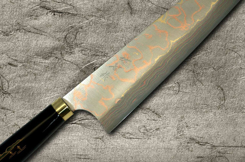 Takeshi Saji Makie-Art Aogami No.2 Colored Damascus Japanese Chefs Gyuto Knife 240mm with Urushi Lacquered Saya and Handle TORII FUJI on LAKE