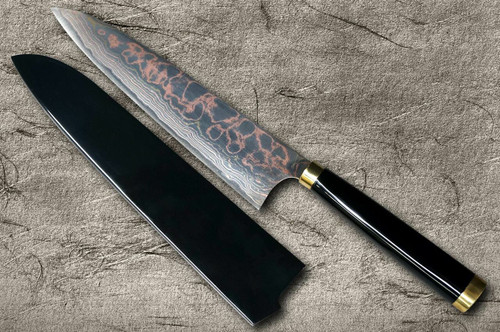 Takeshi Saji Makie-Art Aogami No.2 Colored Damascus Japanese Chefs Gyuto Knife 240mm with Urushi Lacquered Saya and Handle TORII FUJI on LAKE