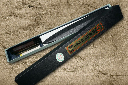 Sakai Takayuki FUGAKU Art Mirrored Honyaki Japanese Chefs YanagibaSashimi 300mm Water-Quenched Fuji-on-Wave with Double Water Buffalo Ring Ebony Handle
