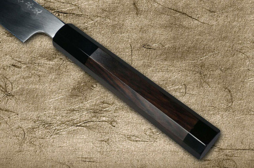 Sakai Takayuki FUGAKU Art Mirrored Honyaki Japanese Chefs YanagibaSashimi 300mm Water-Quenched Fuji-on-Wave with Double Water Buffalo Ring Ebony Handle