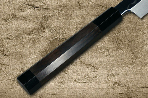 Sakai Takayuki FUGAKU Art Mirrored Honyaki Japanese Chefs YanagibaSashimi 300mm Water-Quenched Fuji-on-Wave with Double Water Buffalo Ring Ebony Handle