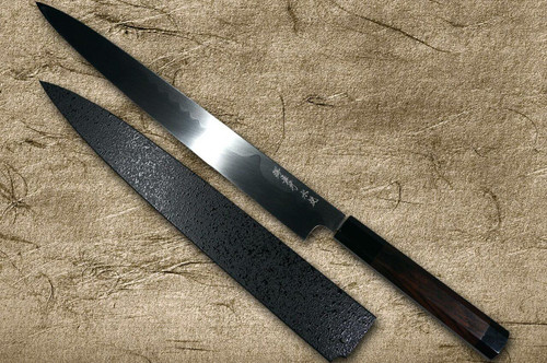 Sakai Takayuki FUGAKU Art Mirrored Honyaki Japanese Chefs YanagibaSashimi 300mm Water-Quenched Fuji-on-Wave with Double Water Buffalo Ring Ebony Handle