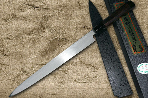 Sakai Takayuki FUGAKU Art Mirrored Honyaki Japanese Chefs YanagibaSashimi 300mm Water-Quenched Fuji-on-Wave with Double Water Buffalo Ring Ebony Handle
