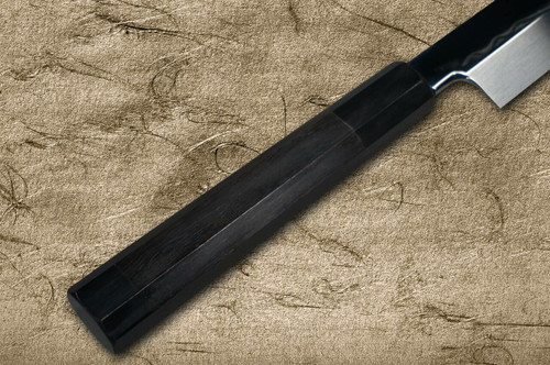 Sakai Takayuki FUGAKU Art Mirrored Honyaki Japanese Chefs Kengata-YanagibaSashimi 300mm Water-Quenched Fuji-on-Wave with Double Water Buffalo Ring Ebony Handle