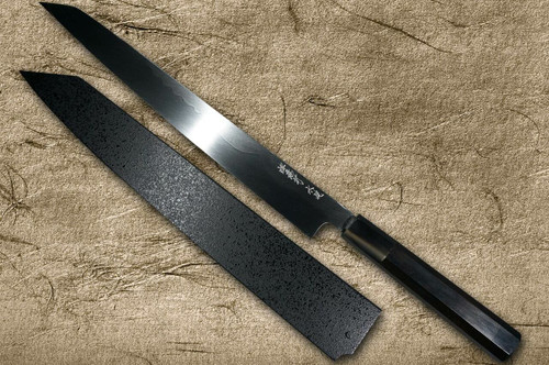 Sakai Takayuki FUGAKU Art Mirrored Honyaki Japanese Chefs Kengata-YanagibaSashimi 300mm Water-Quenched Fuji-on-Wave with Double Water Buffalo Ring Ebony Handle