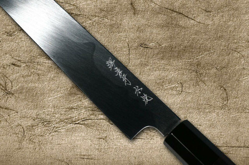 Sakai Takayuki FUGAKU Art Mirrored Honyaki Japanese Chefs Kengata-YanagibaSashimi 300mm Water-Quenched Fuji-on-Wave with Double Water Buffalo Ring Ebony Handle
