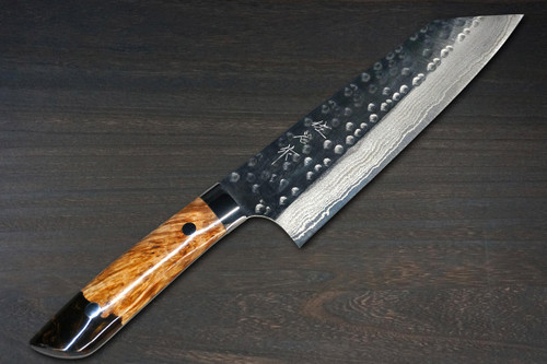 Takeshi Saji SRS13 Mirror Hammered Damascus STW Japanese Chefs Bunka Knife 180mm Amber Stabilized Hybrid Resin Handle