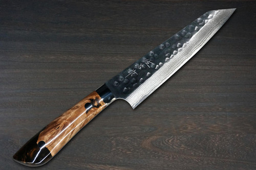 Takeshi Saji SRS13 Mirror Hammered Damascus STW Japanese Chefs Petty KnifeUtility 150mm Amber Stabilized Hybrid Resin Handle