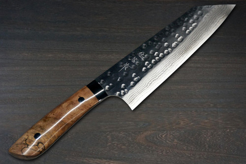 Takeshi Saji SRS13 Mirror Hammered Damascus STW Japanese Chefs Bunka Knife 180mm Hybrid-Wood Stabilized Handle