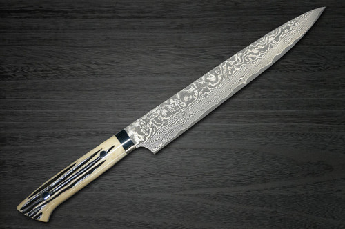 Takeshi Saji R2SG2 Black Damascus DHW Japanese Chefs SlicerSujihiki 270mm with White Antler Handle