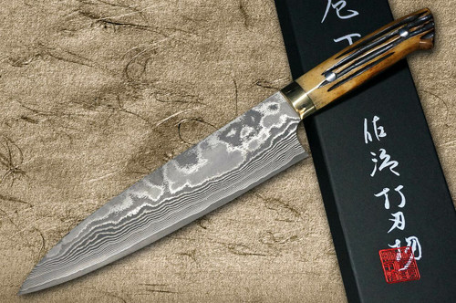 Takeshi Saji VG10 Black Damascus DHM Japanese Chefs Gyuto Knife 180mm with Brown Antler Handle