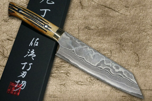 Takeshi Saji VG10 Black Damascus DHM Japanese Chefs Bunka Knife 180mm with Brown Antler Handle