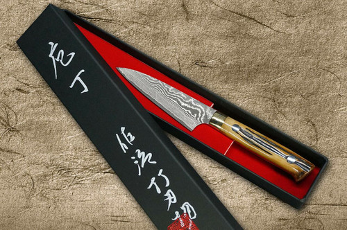 Takeshi Saji VG10 Black Damascus DHM Japanese Chefs Petty KnifeUtility 90mm with Brown Antler Handle
