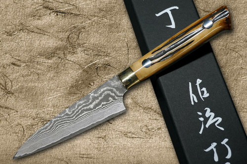 Takeshi Saji VG10 Black Damascus DHM Japanese Chefs Petty KnifeUtility 90mm with Brown Antler Handle