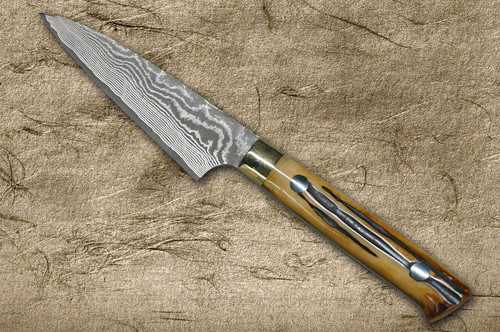 Takeshi Saji VG10 Black Damascus DHM Japanese Chefs Petty KnifeUtility 90mm with Brown Antler Handle