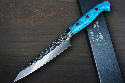Yu Kurosaki R2SG2 Hammered SENKO-EI Custom TCA Japanese Chefs Petty KnifeUtility 130mm with Blue Turquoise Handle