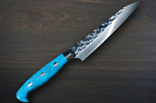 Yu Kurosaki R2SG2 Hammered SENKO-EI Custom TCA Japanese Chefs Petty KnifeUtility 130mm with Blue Turquoise Handle