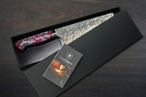 Yoshimi Kato R2 Black Damascus RERC Japanese Chefs Chinese Cooking Knife 180mm with Red-Resin Custom Handle