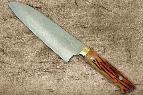 武佐治VG10 彩色大马士革DHO 日本厨师三德刀180mm 带橙色鹿角手柄| 日本刀