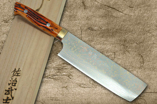 Takeshi Saji VG10 Colored Damascus DHO Japanese Chefs NakiriVegetable 170mm with Orange Antler Handle