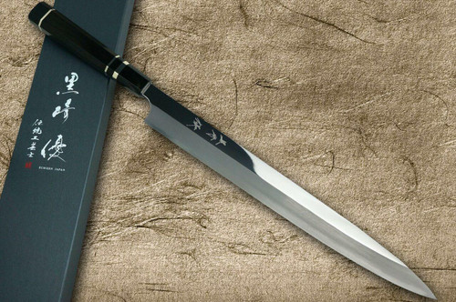 Yu Kurosaki Aogami No.2 Mirror Finished JP Japanese Chefs YanagibaSashimi 330mm with Double Water Buffalo Ringed Ginmaki Ebony Handle