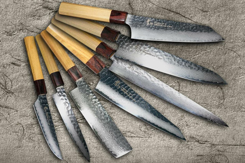 Sakai Takayuki 33-Layer VG10 Damascus Hammered WA Japanese Chefs Knife SET Gyuto210-Slicer-Nakiri-Honesuki180-Petty150-Steak Petty-Kengata Gyuto