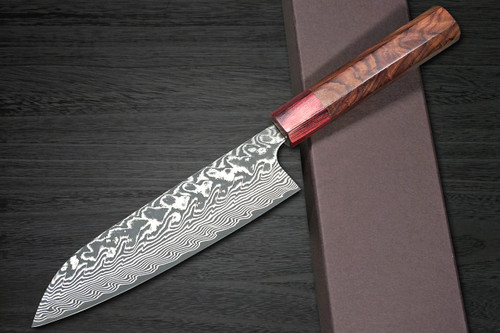 Yoshimi Kato R2 Black Damascus RS8R Japanese Chef's Santoku Knife 170mm with Red-Ring Octagonal Honduran Rosewood Handle 