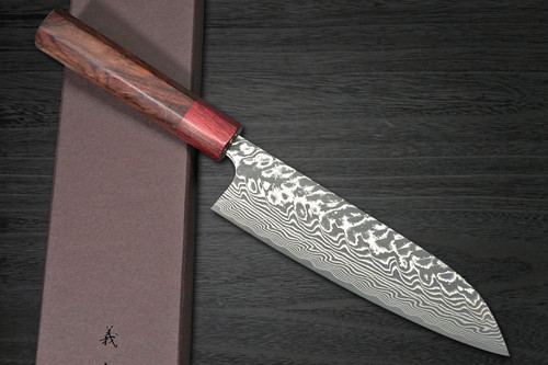 Yoshimi Kato R2 Black Damascus RS8R Japanese Chef's Santoku Knife 170mm with Red-Ring Octagonal Honduran Rosewood Handle 